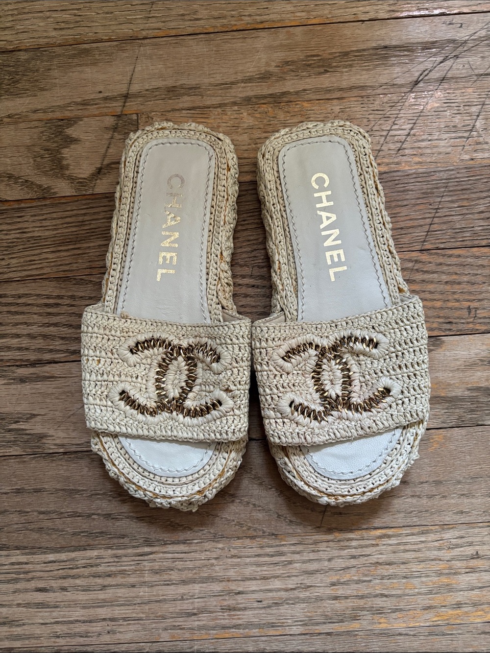CHANEL Cream Crochet Slide Mules with Gold CC Emblem
